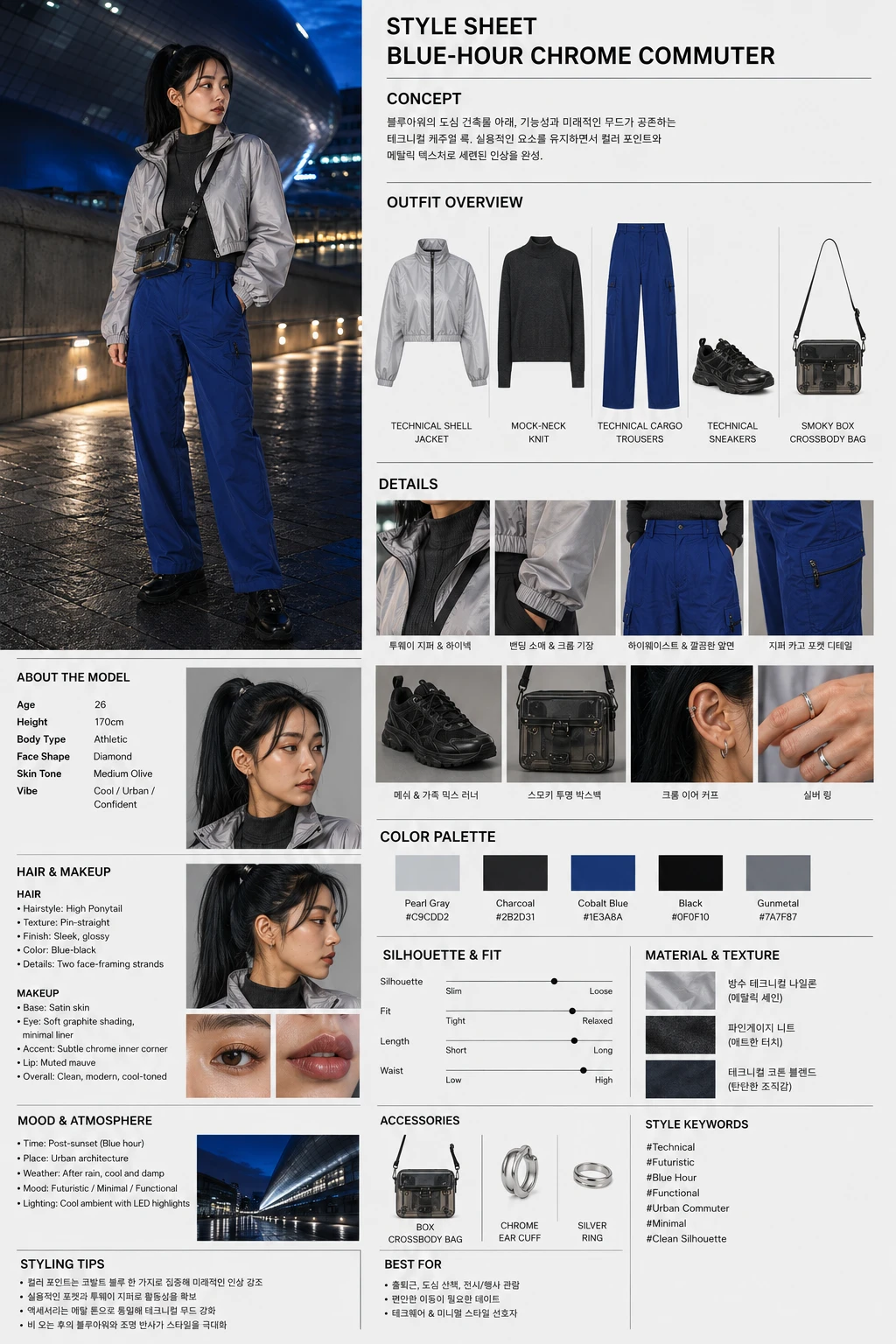 ‘STYLE SHEET: BLUE-HOUR CHROME COMMUTER’ 인포그래픽으로, 착장 구성(쉘 재킷·모크넥·카고·스니커즈·스모키 박스백), 디테일(투웨이 지퍼·하이넥·밴딩 소매·지퍼 포켓), 컬러 팔레트와 소재 텍스처 및 스타일링 팁을 정리한 이미지