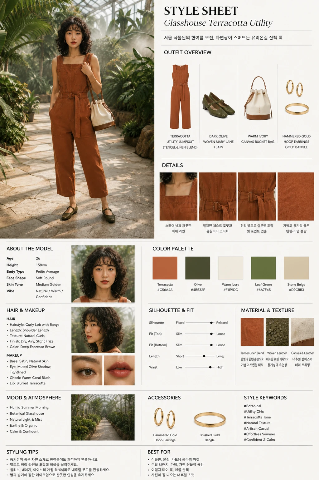 ‘STYLE SHEET: Glasshouse Terracotta Utility’ 인포그래픽으로 테라코타 점프수트(텐셀-리넨 혼방), 다크 올리브 우븐 메리제인 플랫, 웜 아이보리 캔버스 버킷백, 해머드 골드 후프 이어링과 골드 뱅글, 컬러 팔레트와 헤어·메이크업 및 BEST FOR를 정리한 이미지